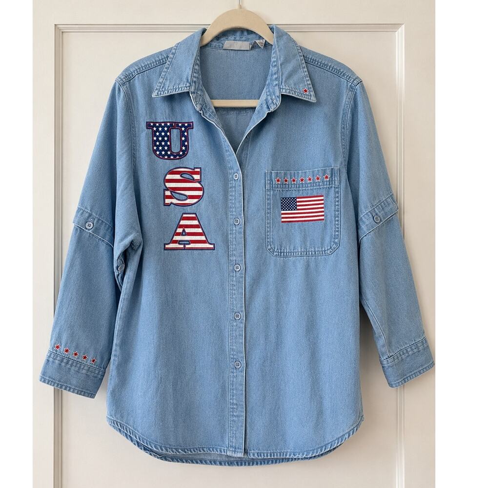 Vintage Las Olas Denim Button Down Shirt USA Patriotic Embroidered Flag Small